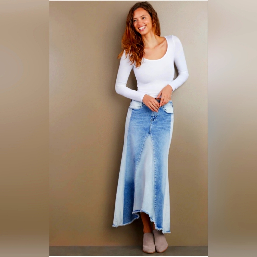WASHLAB SELMA PIECED DENIM MAXI SKIRT HI-LOW W/FRAYED HEM SZ 26 (STRETCH) -BOHO